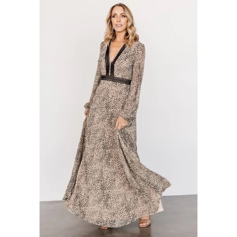 Baltic Born Maxi Dress Women Medium Black Tan Animal Print Crochet Trim
